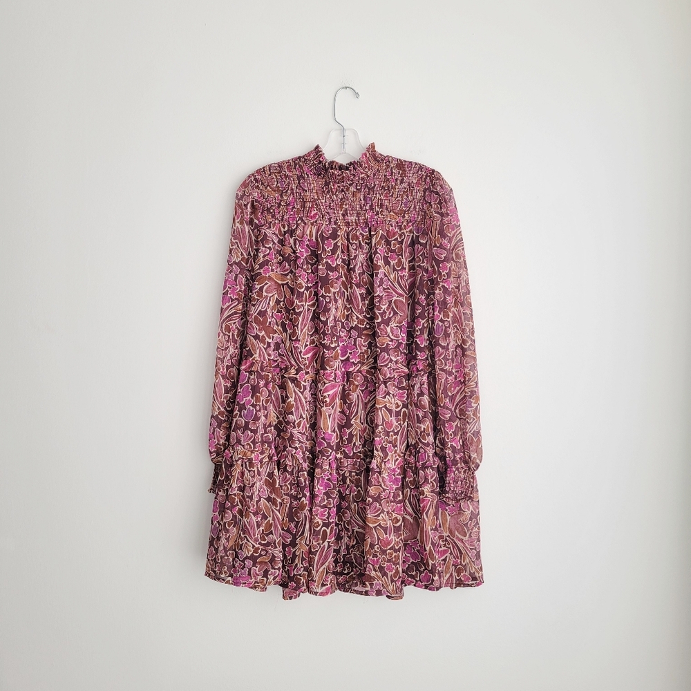 AVARA Purple Floral Smocked High Neck Baby Doll Long Sleeve Tiered Dress